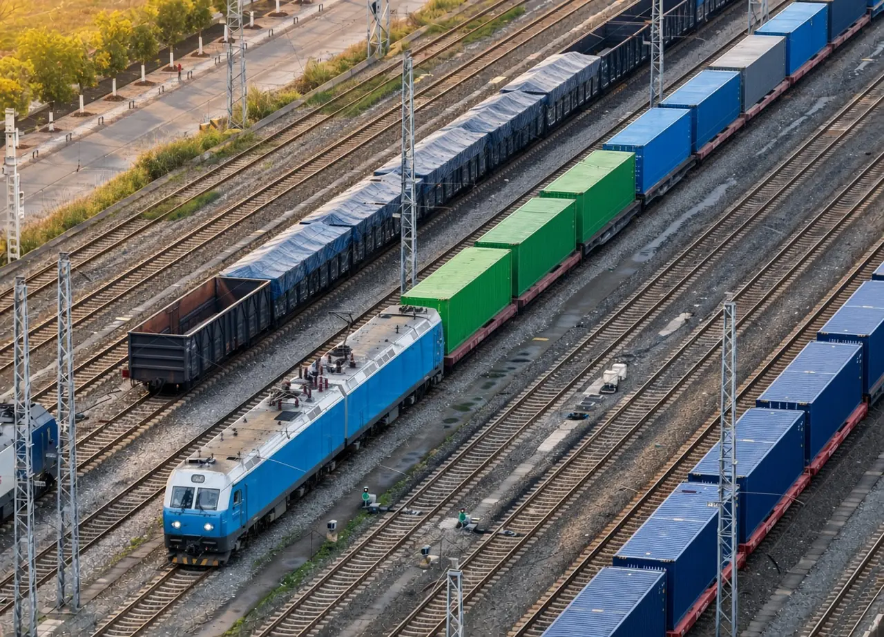 รถไฟบรรทุกตู้คอนเทนเนอร์และตู้สินค้าวิ่งผ่านเครือข่ายทางรถไฟในจีน