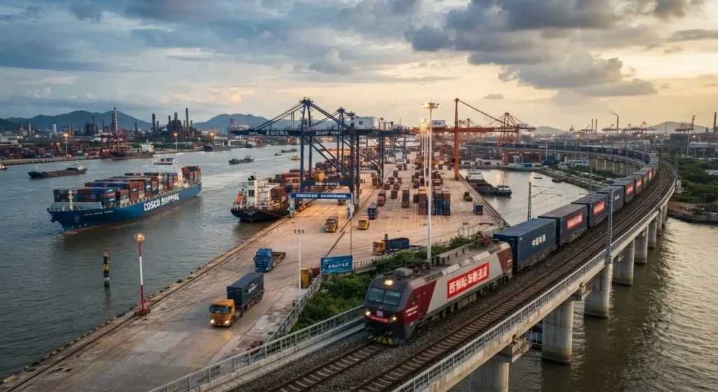 ขบวนรถไฟบรรทุกตู้คอนเทนเนอร์วิ่งผ่านท่าเรือที่มีเรือสินค้าและเครนขนถ่ายอยู่ริมฝั่ง