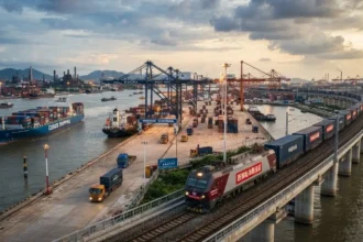 ขบวนรถไฟบรรทุกตู้คอนเทนเนอร์วิ่งผ่านท่าเรือที่มีเรือสินค้าและเครนขนถ่ายอยู่ริมฝั่ง
