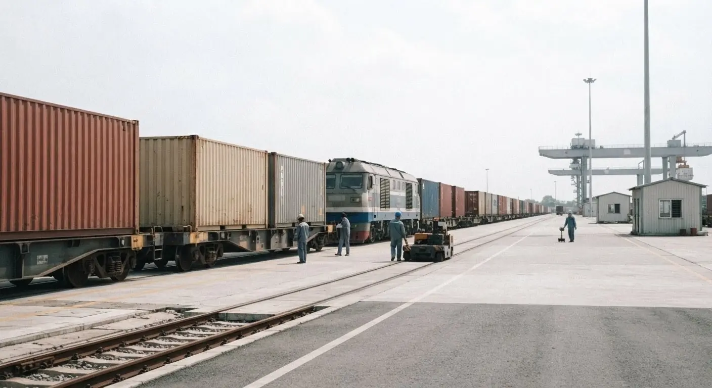 รถไฟขนส่งตู้คอนเทนเนอร์จอดอยู่ในสถานีสินค้า โดยมีเจ้าหน้าที่ปฏิบัติงานข้างขบวนรถ