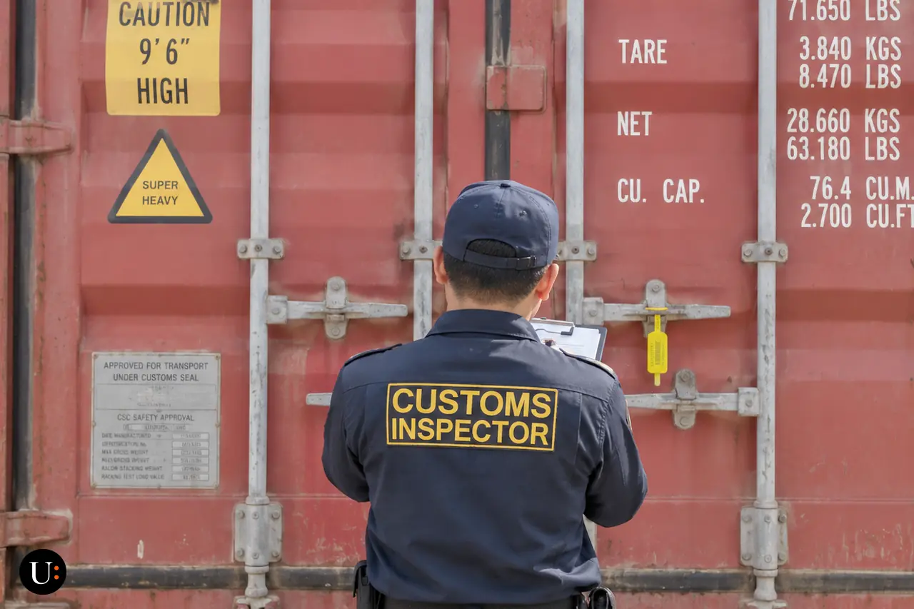 ผู้สวมเสื้อข้อความ CUSTOMS INSPECTOR ถือคลิปบอร์ดยืนตรวจหน้าประตูตู้คอนเทนเนอร์สีแดง