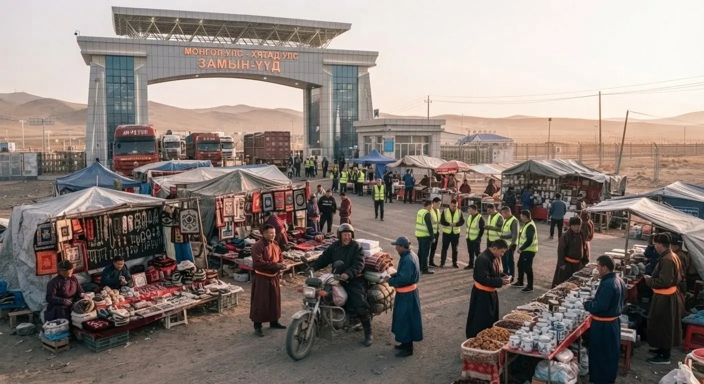 ตลาดค้าขายบริเวณด่านชายแดนจีน–มองโกเลียที่มีพ่อค้า ผู้ซื้อ เจ้าหน้าที่ และรถบรรทุกอยู่โดยรอบ