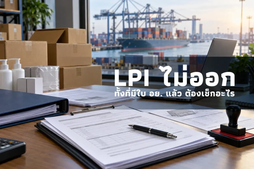 ภาพเอกสารและสินค้าบนโต๊ะทำงานริมท่าเรือ พร้อมข้อความ LPI ไม่ออก ทั้งที่มีใบ อย. แล้ว ต้องเช็กอะไร
