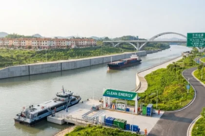 เรือบรรทุกสินค้าและเรือบริการจอดอยู่บริเวณจุดให้บริการพลังงานสะอาดริมคลองผิงหลู
