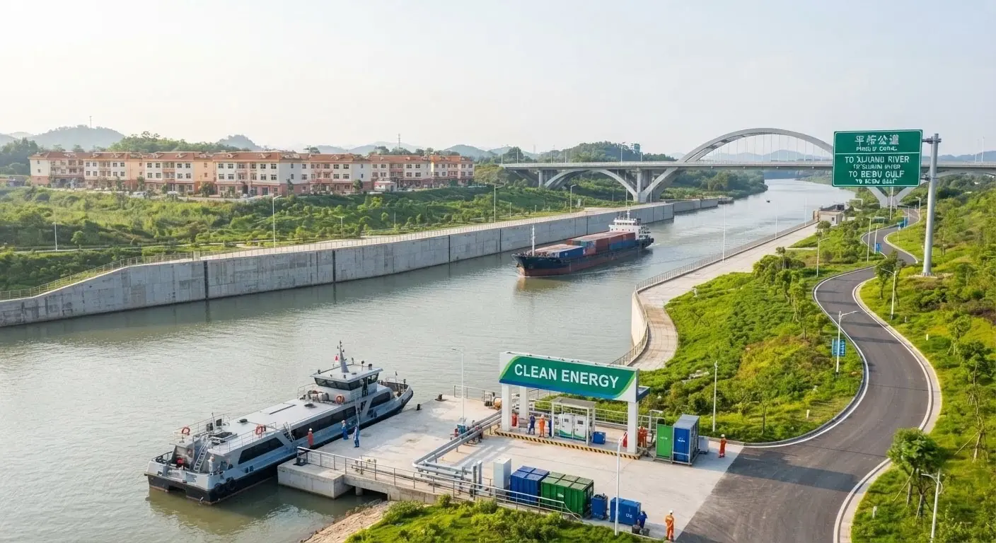 เรือบรรทุกสินค้าและเรือบริการจอดอยู่บริเวณจุดให้บริการพลังงานสะอาดริมคลองผิงหลู