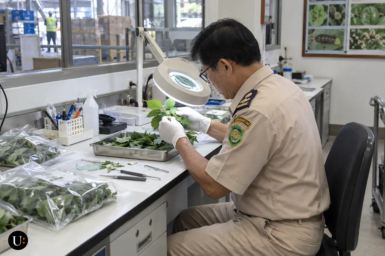 เจ้าหน้าที่กำลังใช้แว่นขยายตรวจใบพืชและตัวอย่างพืชภายในห้องปฏิบัติการ