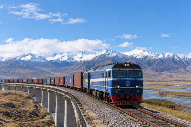 ขบวนรถไฟบรรทุกตู้สินค้าบนทางยกระดับท่ามกลางภูเขา
