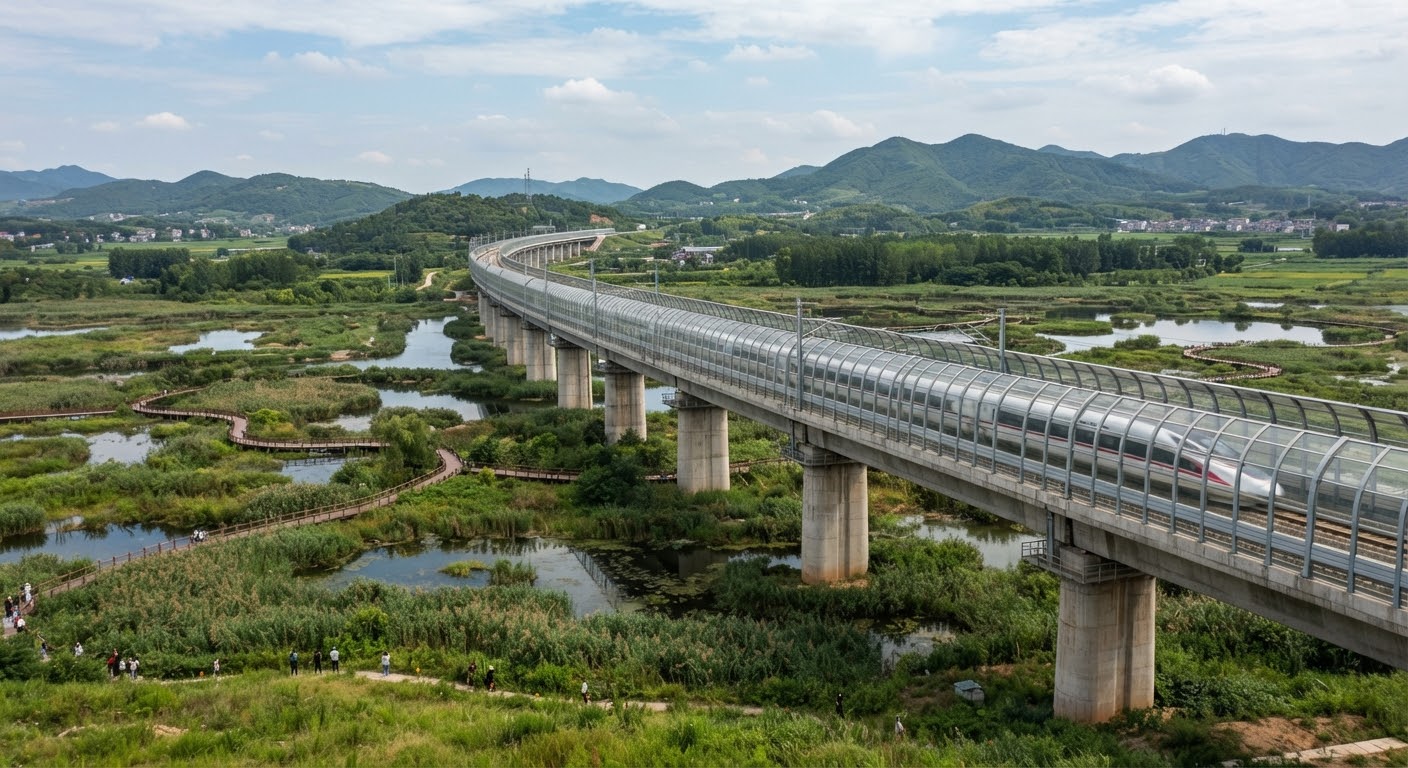 ภาพประกอบทางรถไฟยกระดับพร้อมโครงสร้างกั้นเสียงเหนือพื้นที่ชุ่มน้ำ
