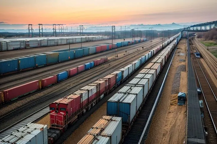 รถไฟบรรทุกตู้สินค้าในลานรางรถไฟ